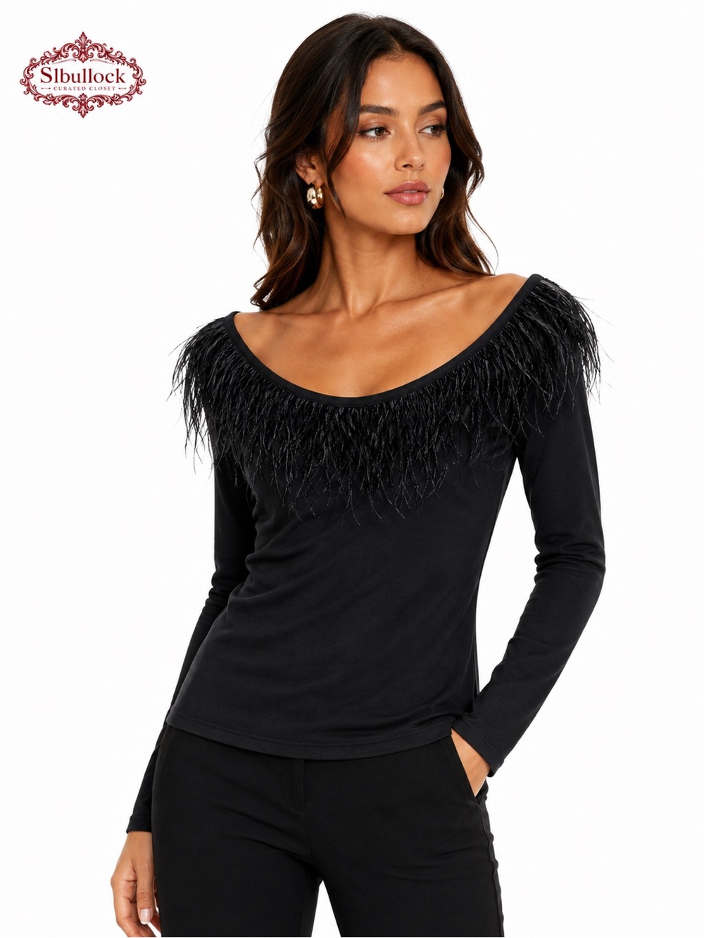 V1 Vince Camuto NWT XS Black Off-Shoulder Ostrich Feather Top